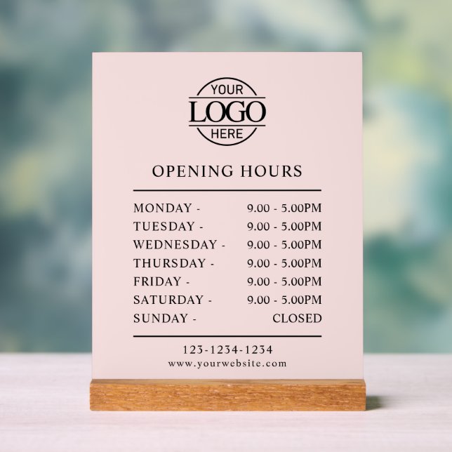 Elegant Modern Blush Pink Business Opening Hours Acrylic Sign (Neutral)