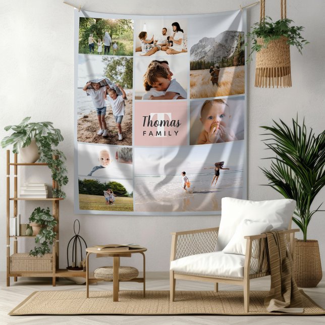 Elegant & Modern Blush Pink Family Photo Collage Tapestry (Creator Uploaded)