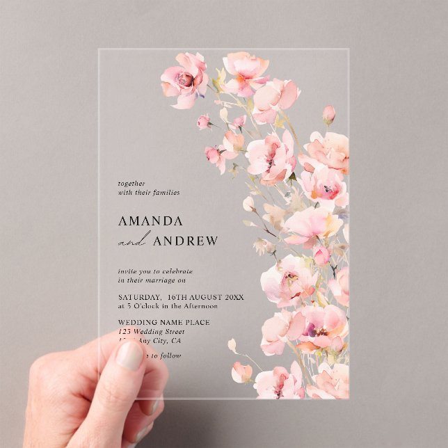  Elegant Modern Blush Pink Floral Photo Wedding Acrylic Invitations (Insitu (Handheld))