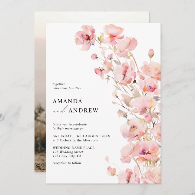  Elegant Modern Blush Pink Floral Photo Wedding Invitation (Front/Back)