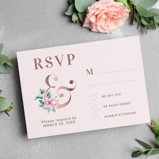Elegant modern blush pink floral wedding RSVP card (Creator Uploaded)