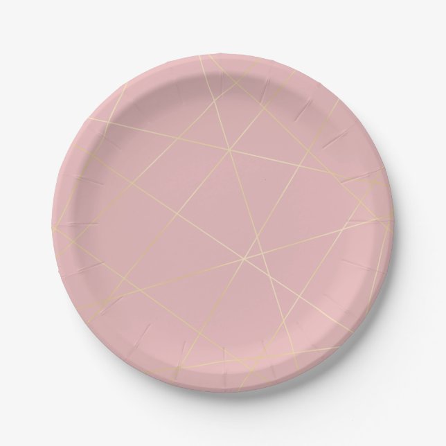 Elegant modern blush pink gold geometric pattern paper plate (Front)