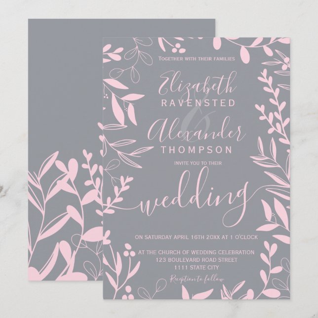 Elegant modern blush pink grey floral wedding invitation (Front/Back)