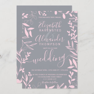 Elegant modern blush pink grey floral wedding invitation