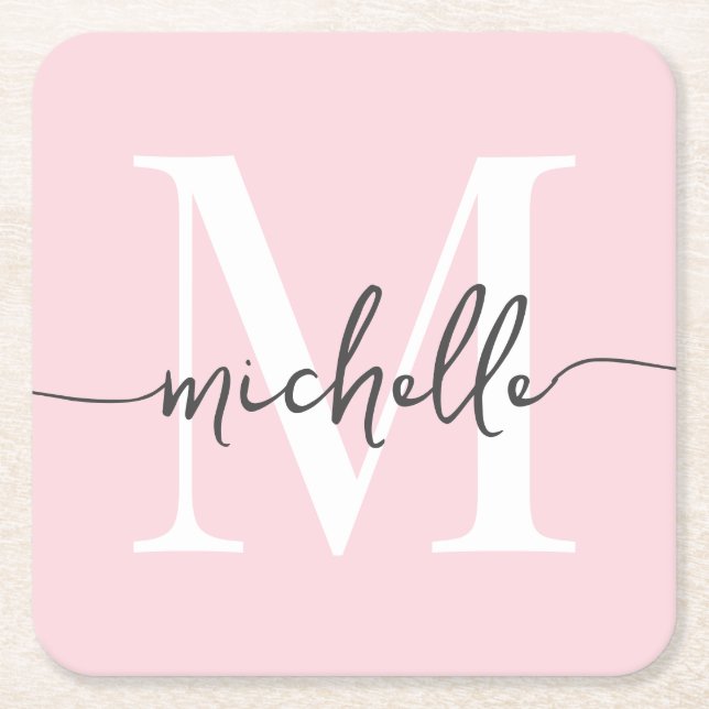 Elegant Modern Blush Pink Monogram Name Script Square Paper Coaster (Front)