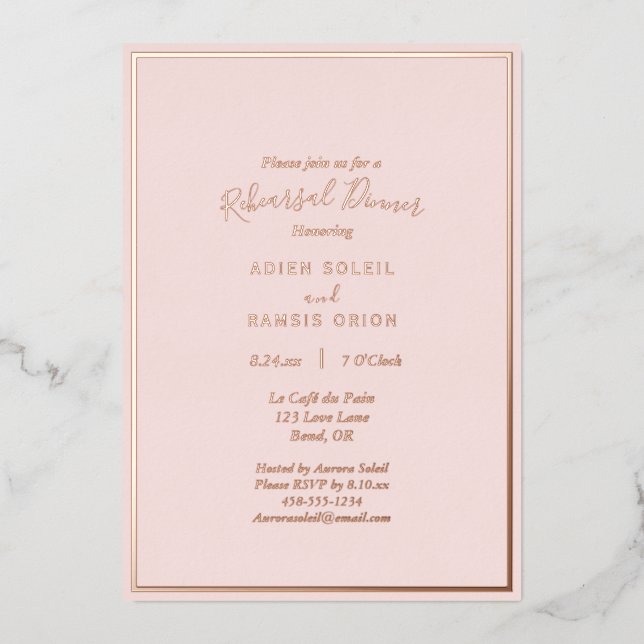 Elegant Modern Blush Rose Gold Rehearsal Dinner (Front)