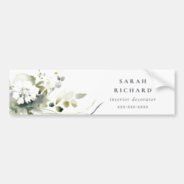 Elegant Modern Boho Abstract Green White Floral Bumper Sticker (Front)
