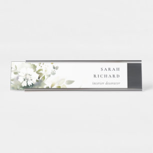 Elegant Modern Boho Abstract Green White Floral Desk Name Plate