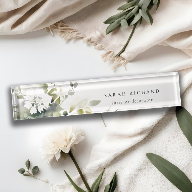 Elegant Modern Boho Abstract Green White Floral Nameplate (Creator Uploaded)