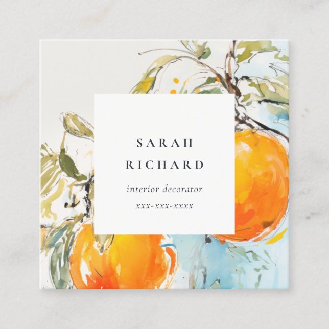 Elegant Modern Boho Abstract Sketchy Orange Garden Square Business Card (Front)