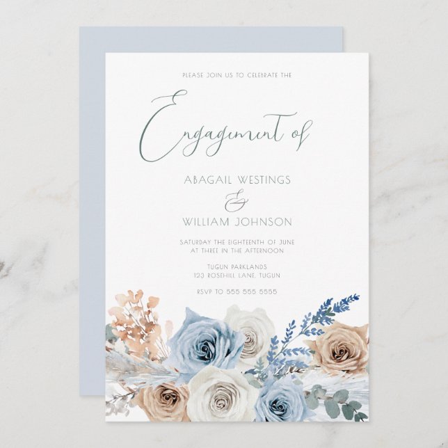 Elegant Modern Boho Blue Engagement Party Invitation (Front/Back)