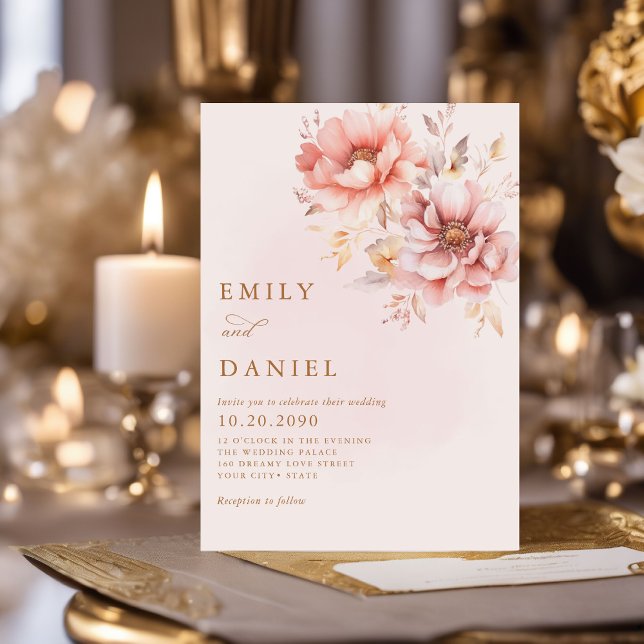 Elegant Modern Boho Blush Pink Gold Floral Wedding Invitation (Creator Uploaded)