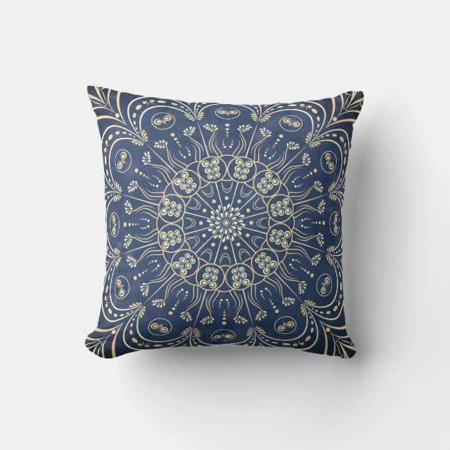 Elegant Modern Boho Chic Mandala Blue Cushion (Front)