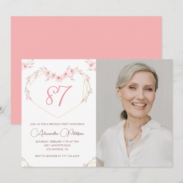 Elegant Modern Boho Floral Photo 87th birthday Invitation (Front/Back)