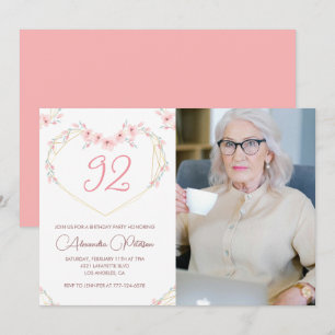Elegant Modern Boho Floral Photo 92nd birthday Invitation