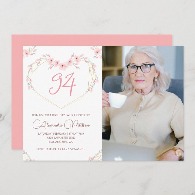 Elegant Modern Boho Floral Photo 94th birthday Invitation (Front/Back)