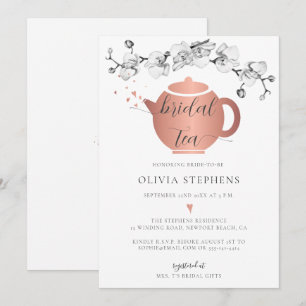 Elegant Modern Boho Rose Gold Orchids Bridal Tea Invitation