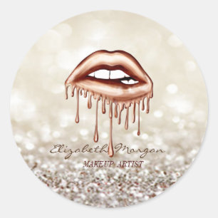 Elegant Modern Bokeh, Metallic Dripping Lips Classic Round Sticker