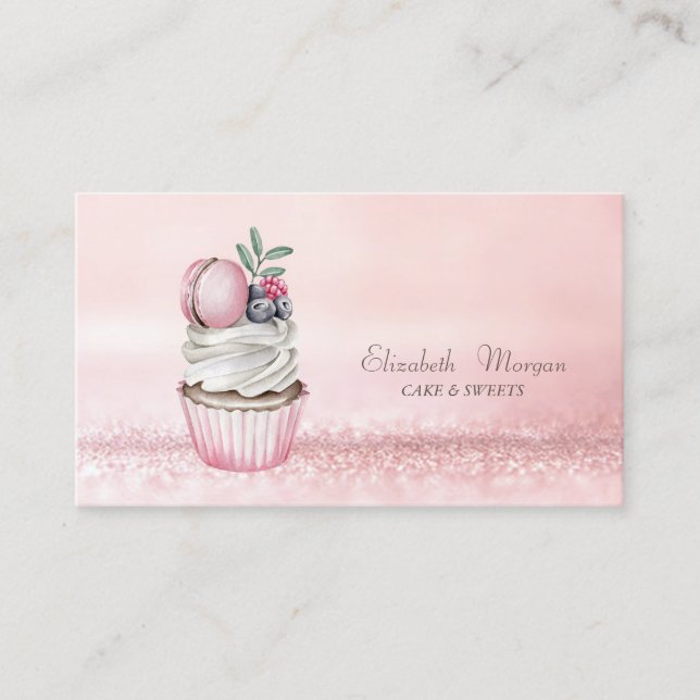 Elegant Modern Bokeh Watercolor Cupcake Macaron Business Card (Front)