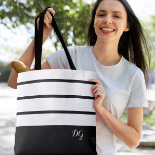 Elegant Modern Bold Stripe Monogram Initials Black Tote Bag