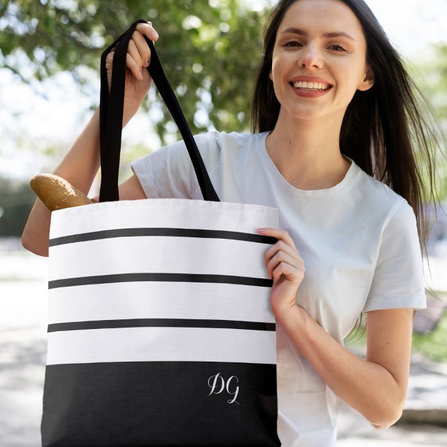 Elegant Modern Bold Stripe Monogram Initials Black Tote Bag (Elegant Modern Bold Stripes  Monogrammed Initials Black & White Canvas Shopping  Stylish Tote Bag
)