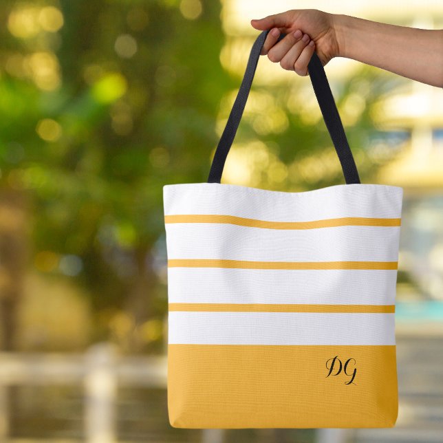 Elegant Modern Bold Stripes Monogram Yellow Black Tote Bag (Elegant Modern Bold Stripes  Monogrammed Yellow Black & White Canvas Shopping Shoulder Tote Bag
)