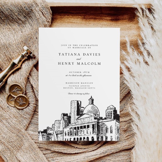 Elegant Modern Boston Sketch New England Wedding Invitation (Creator Uploaded)