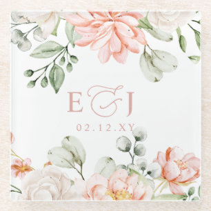 Elegant Modern Botanical Blush Pink Floral Wedding Glass Coaster
