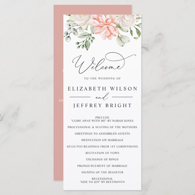 Elegant Modern Botanical Blush Pink Floral Wedding Programme (Front/Back)