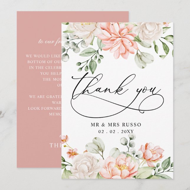 Elegant Modern Botanical Blush Pink Floral Wedding Thank You Card (Front/Back)