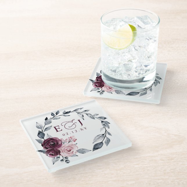 Elegant Modern Botanical Burgundy Floral Wedding Glass Coaster (Angled)