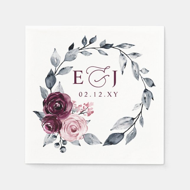 Elegant Modern Botanical Burgundy Floral Wedding Napkin (Front)