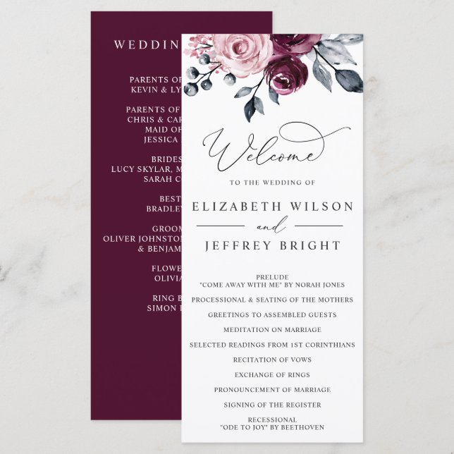 Elegant Modern Botanical Burgundy Floral Wedding Programme (Front/Back)