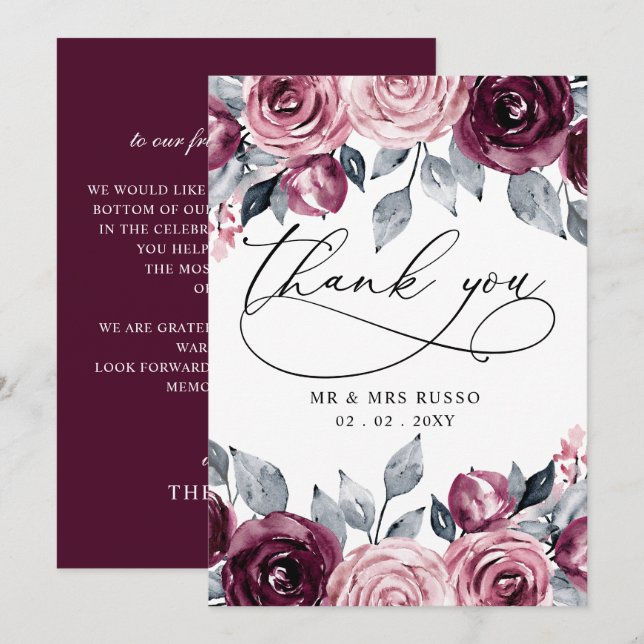 Elegant Modern Botanical Burgundy Floral Wedding Thank You Card (Front/Back)