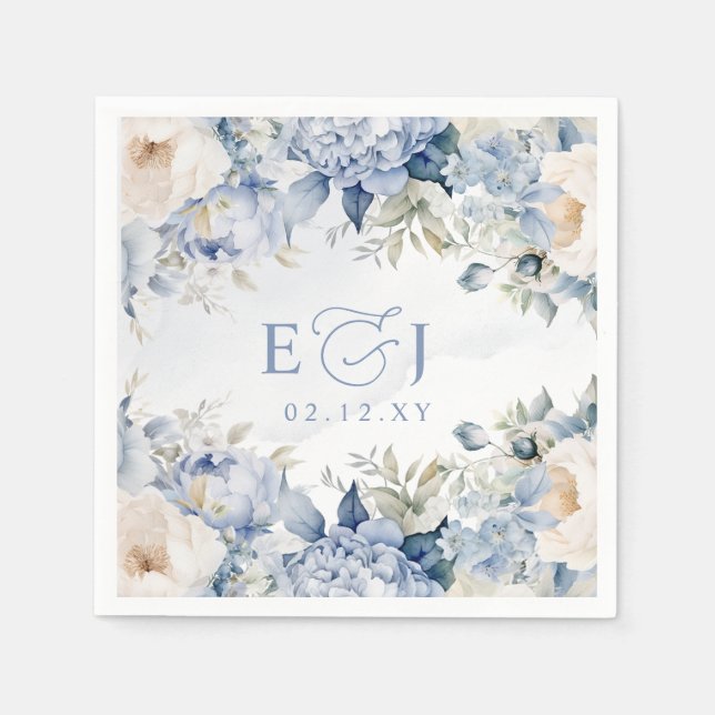 Elegant Modern Botanical Dusty Blue Floral Wedding Napkin (Front)