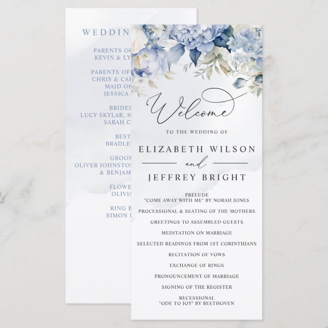 Elegant Modern Botanical Dusty Blue Floral Wedding Programme (Front/Back)
