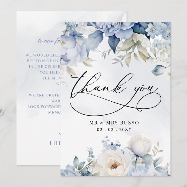 Elegant Modern Botanical Dusty Blue Floral Wedding Thank You Card (Front/Back)