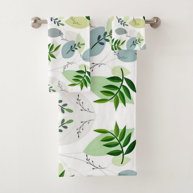 Elegant, Modern Botanical Garden Leaves on White Bath Towel Set (Insitu)