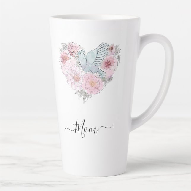 Elegant Modern Botanical Green Pink Flower Heart  Latte Mug (Right)