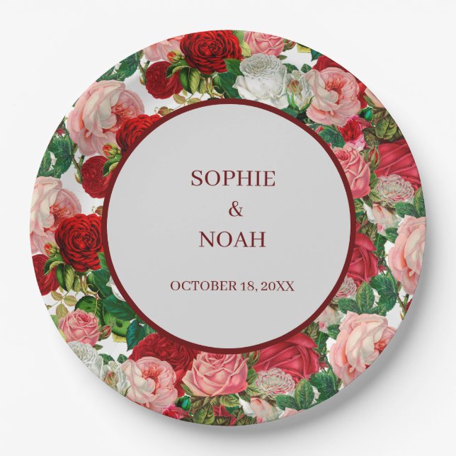 Elegant Modern Botanical Green Red Burgundy Flower Paper Plate (Front)