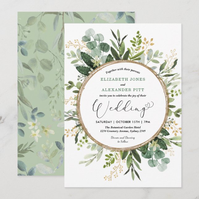 Elegant Modern Botanical Greenery Wedding Invitation (Front/Back)