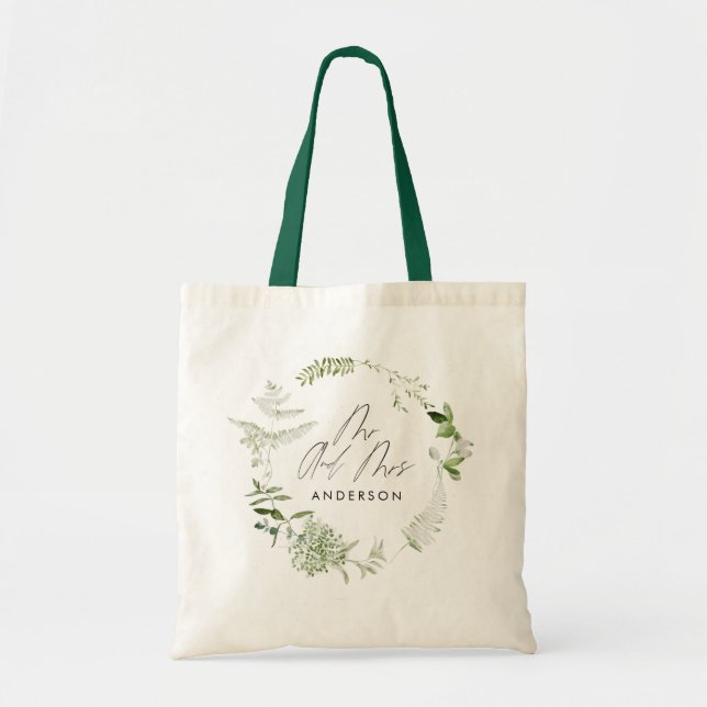 Elegant modern botanical Mr and Mrs wedding favour Tote Bag (Front)