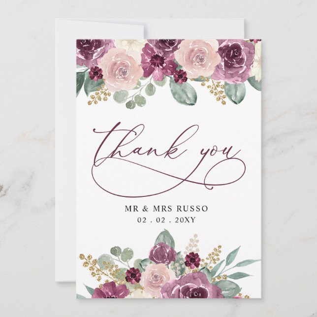 Elegant Modern Botanical Plum Floral Wedding Thank You Card (Front)