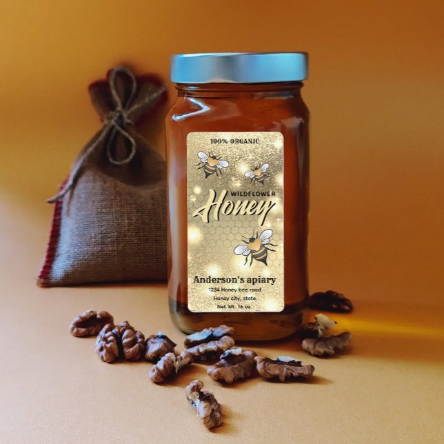 Elegant modern bright Sparkle bees honey jar label (Creator Uploaded)
