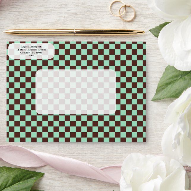 Elegant, Modern Brown & Bright Green Chequered   Envelope (Wedding)