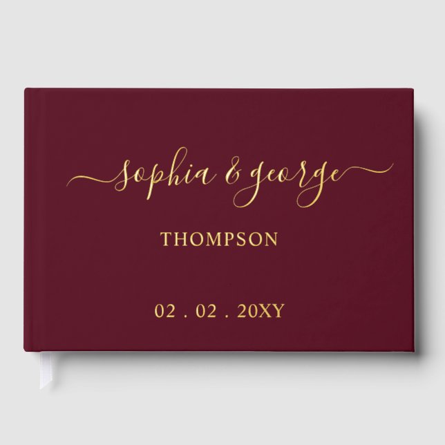 Elegant Modern Burgundy and Gold Wedding Guest Book (Front)