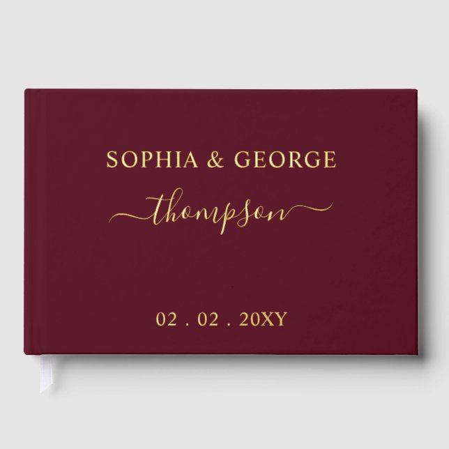 Elegant Modern Burgundy and Gold Wedding Guest Book (Front)