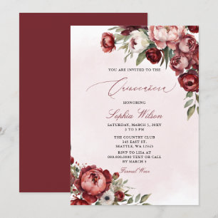 Elegant Modern Burgundy Blush Floral Quinceañera  Invitation
