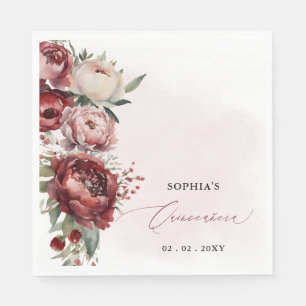 Elegant Modern Burgundy Blush Floral Quinceañera Napkin