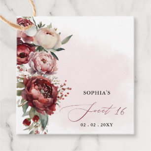 Elegant Modern Burgundy Blush Floral Sweet 16 Favour Tags